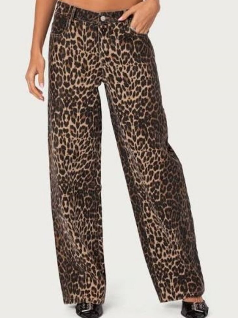 NEW Edikted Womens Cheetah Leopard Y2K Low Rise Jeans Baggy Wide Leg Small Indie